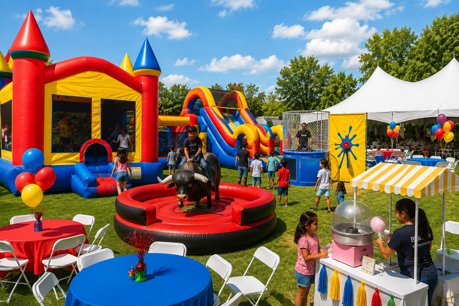 Vibrant outdoor party with bounce houses, mechanical bull and event tents